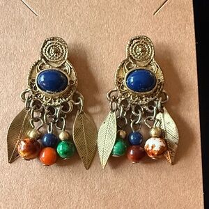 Vintage Boho Tribal Gold Blue Cabochon Dangle Earrings Statement Festival
